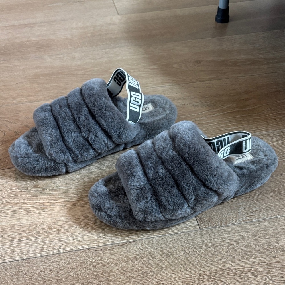 UGG Charcoal Plush Shearling Slide Sandals with Branded Heel Strap